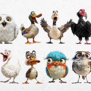Puede incluir: Una colecci&oacute;n de ocho p&aacute;jaros de dibujos animados con varios colores y caracter&iacute;sticas, incluyendo un b&uacute;ho blanco, un pato verde, un ganso blanco, un buitre negro, un ganso blanco, un pato verde, un p&aacute;jaro azul y un b&uacute;ho marr&oacute;n.