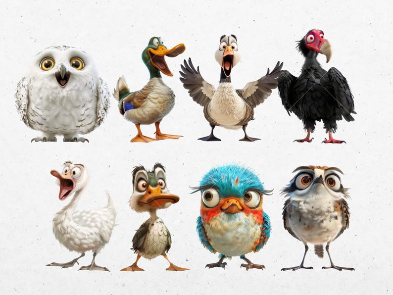 Puede incluir: Una colecci&oacute;n de ocho p&aacute;jaros de dibujos animados con varios colores y caracter&iacute;sticas, incluyendo un b&uacute;ho blanco, un pato verde, un ganso blanco, un buitre negro, un ganso blanco, un pato verde, un p&aacute;jaro azul y un b&uacute;ho marr&oacute;n.