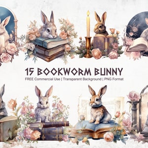Aquarell Bücherwurm Häschen Clipart, Fantasie Tier liebende Bücher, literarische Kaninchen Illustrationen, wunderliche Buch liebende Geschöpfe, Bücherwurm Häschen