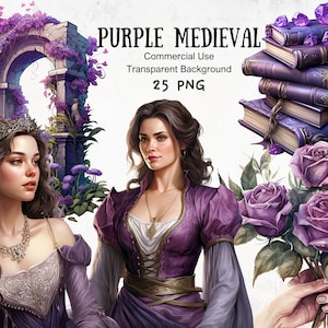 Lila Mittelalterliches Aquarell Clipart, königlicher König und Königin Kunst, Prinz und Prinzessin Grafiken, königliches Leben, mittelalterliche Fantasy, historische Elemente