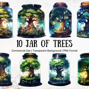May include: Ten digital illustrations of trees inside glass jars with various backgrounds, including a starry night, a forest, and a glowing light. The text "10 JAR OF TREES" is at the top of the image, and the text "Commercial Use | Transparent Background | PNG Format" is below the jars.