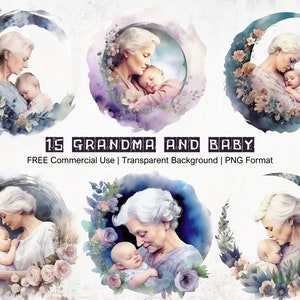 Grand-mère et bébé aquarelle Clipart, graphiques PNG pour chambre d'enfant, bébé floral mignon et grand-mère, graphiques pour Invitation et célébrations