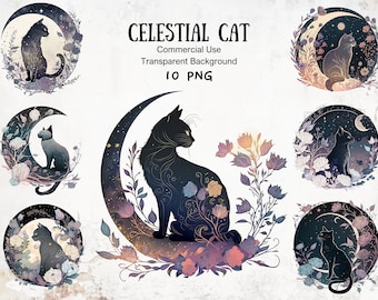 Puede incluir: Un conjunto de 10 ilustraciones digitales que presentan gatos negros sentados en lunas crecientes con detalles florales. Los gatos están silueteados contra un cielo nocturno estrellado. Las ilustraciones son perfectas para agregar un toque de fantasía y magia a tus diseños.