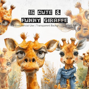 Giraf grappige clipart met leuke eigenaardige uitdrukkingen humoristische safari tekenfilm dieren downloadbare PNG grillige grafische bundel