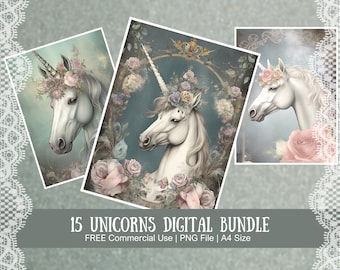 Unicorn Digital Paper Bundle: Floral Junk Journal Pages (Digital Download)