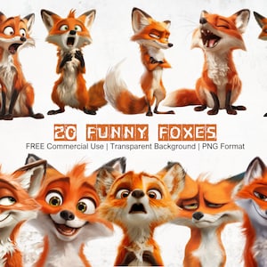 Clipart renard, expressions drôles, graphismes animaux comiques insolites avec arrière-plan transparent