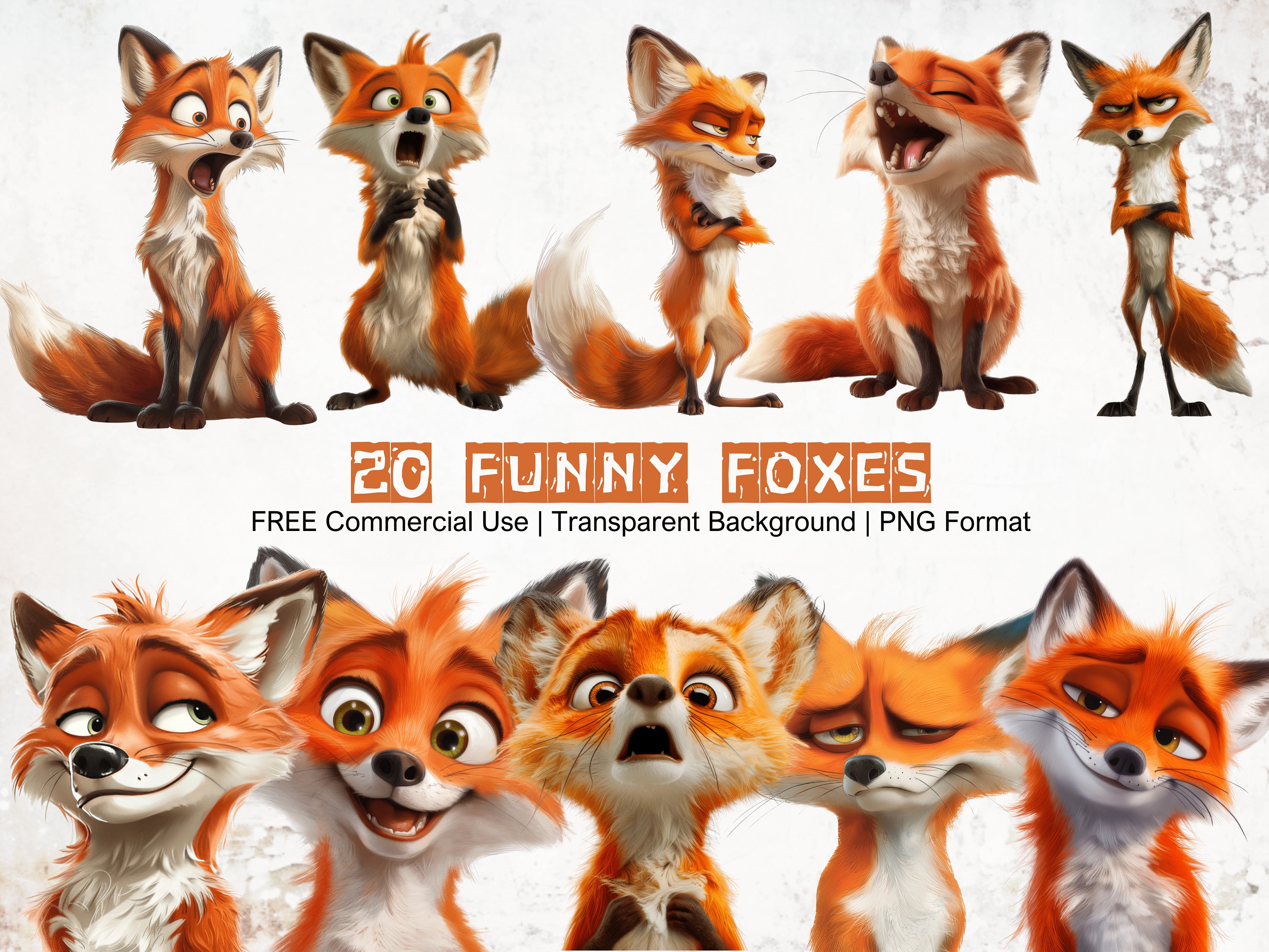 Fox Clipart Funny Expressions Quirky Comic Animal Graphics with Transparent Background