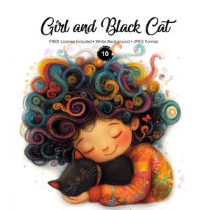 Girl and Black Cat Clipart JPEG Whimsical Graphics Animal and People Illustration Instant Download