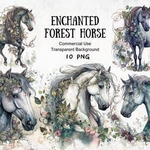 Watercolor Fantasy Forest Horse Clipart, PNG File, Enchanted Forest Themed Projects, Whimsical Horse Collection, Dreamy Forest Pony Clipart