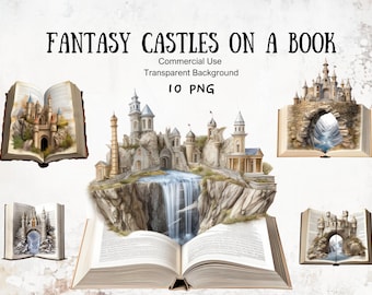 Fantasy Castles Clipart on a Book Watercolor Graphics for Junk Journal and Craft Projects