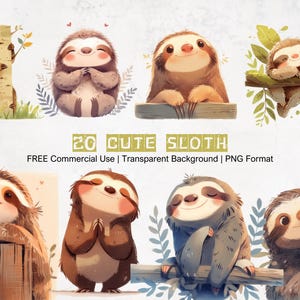 Sloth Clipart Transparent Background Graphics Printable Cute Sloth PNG Animal Cartoon Design Elements for Digital Craft or Print Projects