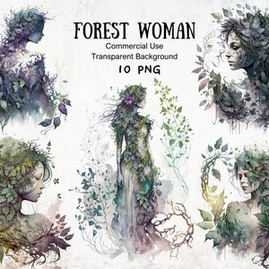 Clipart femme forêt pour projets sur le thème de la forêt enchantée à l'aquarelle avec un arrière-plan transparent