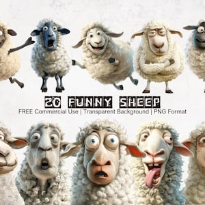 Ensemble de cliparts moutons drôles, téléchargement immédiat, graphismes animaux humoristiques imprimables avec un fond transparent au Format PNG