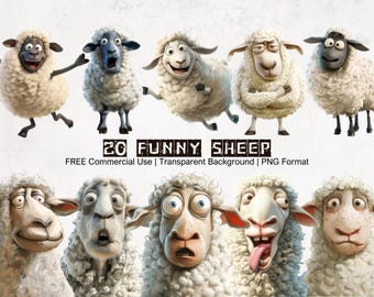 Funny Sheep Clipart Bundle: Humorous Animal Graphics (PNG, Digital Download)