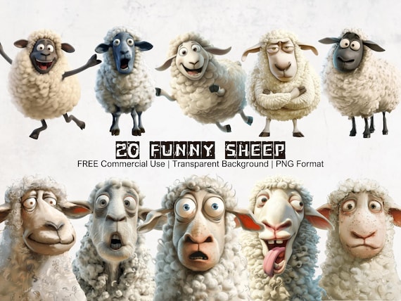 Funny Sheep Clipart Bundle: Humorous Animal Graphics (PNG, Digital Download)