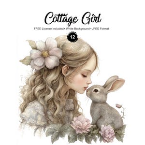 Cottage Mädchen Wunderliche Clipart Kaninchen und Mädchen Grafiken Verträumte Landschaft Illustrationen Sofort Download