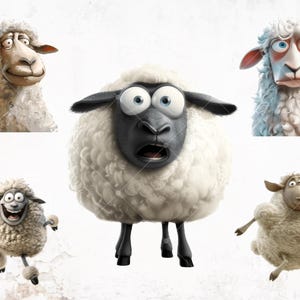 May include: Five cartoon sheep with different expressions. One sheep has black fur and white wool, while the other four have white fur and wool. The sheep are all looking at the camera.