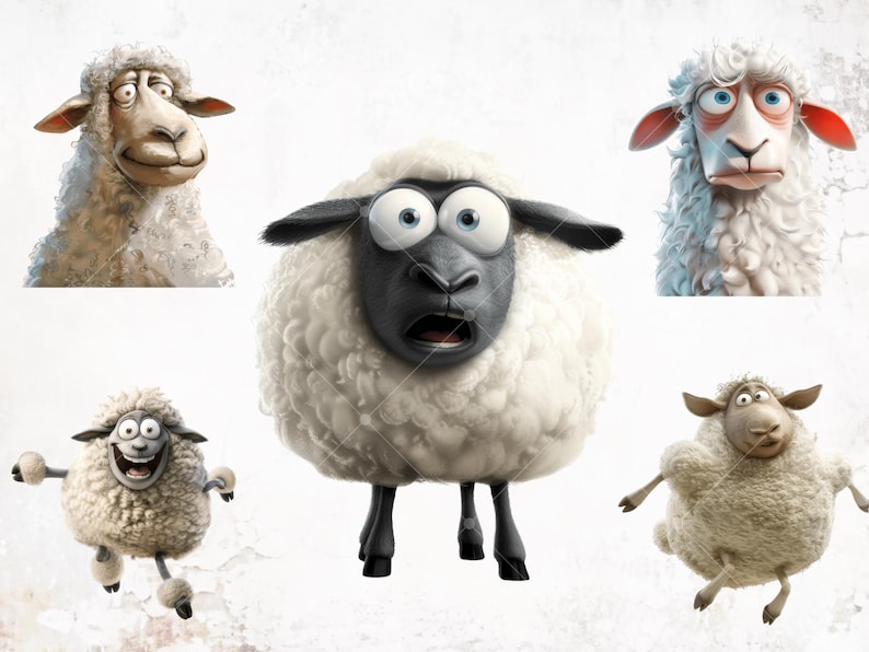 May include: Five cartoon sheep with different expressions. One sheep has black fur and white wool, while the other four have white fur and wool. The sheep are all looking at the camera.