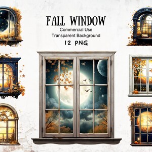Imágenes prediseñadas de ventana de otoño, gráficos caprichosos de hojas secas de color naranja para proyectos de manualidades con temática de otoño