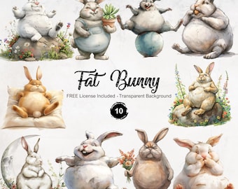 Fat Bunny Clipart Quirky Rabbit Illustrations Funny Animal Sketch Graphics PNG Instant Download