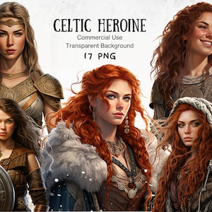Imágenes prediseñadas celtas imprimibles de mujeres guerreras para revistas históricas.