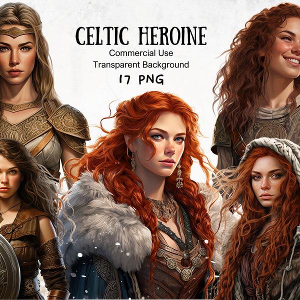 Celtic Heroine Clipart Bundle, High Quality Graphics for Celtic Themed Projects, Scrapbook and Junk Journal Kit, Female Warrior PNG