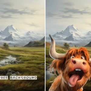 Puede incluir: Una vaca de las tierras altas de dibujos animados con la lengua larga que sobresale, mirando a la c&aacute;mara. La vaca est&aacute; delante de un paisaje de monta&ntilde;a con un r&iacute;o y hierba verde.