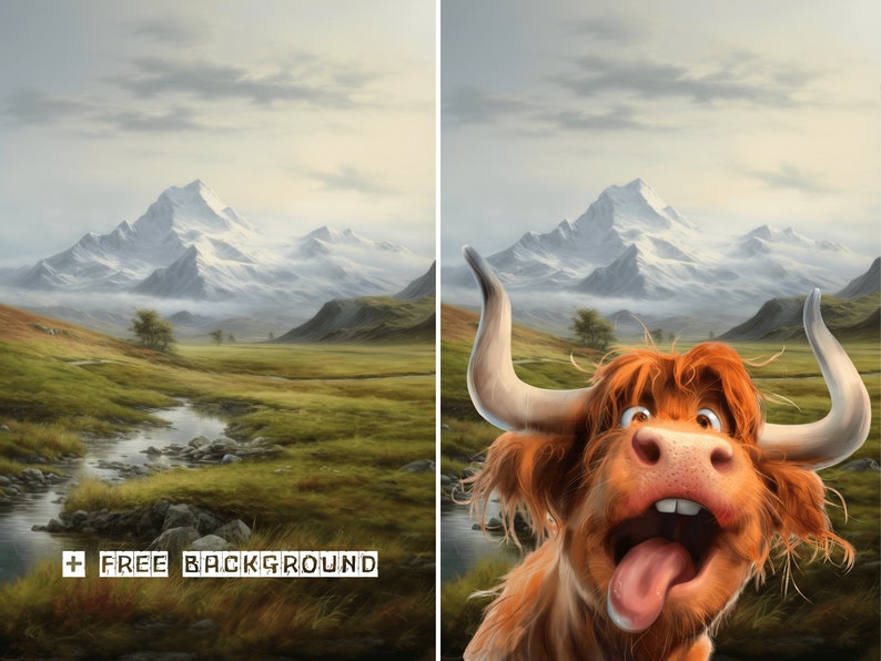Puede incluir: Una vaca de las tierras altas de dibujos animados con la lengua larga que sobresale, mirando a la c&aacute;mara. La vaca est&aacute; delante de un paisaje de monta&ntilde;a con un r&iacute;o y hierba verde.