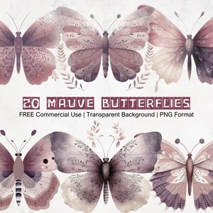 Bundle de cliparts aquarelle papillons mauves, papillons fantaisistes pour des projets créatifs et des conceptions, Format PNG, fond Transparent