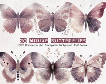 Mauve aquarel vlinder clipartbundel (PNG)
