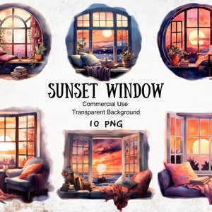 May include: Ten digital illustrations of windows with sunset views. Each window is framed with a wooden frame and features a different interior scene, including a cozy armchair, a stack of books, and a cup of coffee. The sunsets are painted in warm colors of orange, pink, and purple.