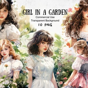 Clipart de acuarela de niña en un jardín, gráficos de impresión a pedido, gráficos de sublimación, archivo PNG, descarga digital, clipart de Cottagecore