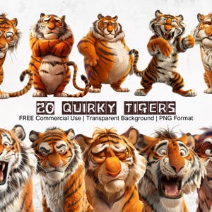 Bundle de cliparts insolites tigres sauvages, tigre féroce drôle et humoristique PNG, graphiques de tigre particuliers pour tous les projets créatifs, animal sauvage comique