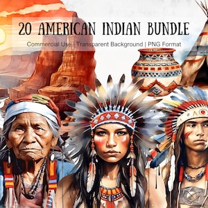 Pacchetto di clipart di grafica tribale ad acquerello degli indiani d'America per uso personale e commerciale File PNG trasparenti Disegni dei nativi americani