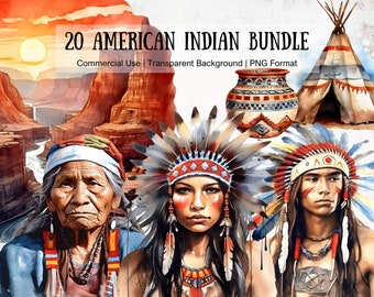 Watercolor American Indian Clipart Bundle: Tribal Art PNG Graphics (Digital Download)