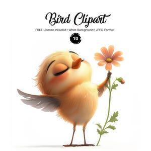 Oiseau avec des cliparts fleur, illustrations d'animaux originaux, oiseaux fantastiques, Images JPEG de haute qualité, téléchargement immédiat