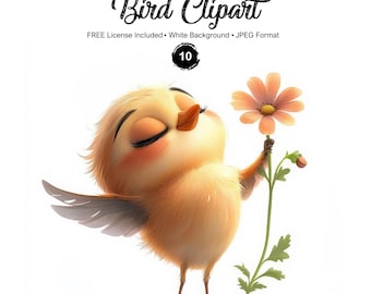 Bird with Flower Clipart: Quirky Animal JPEG Images (Instant Download)
