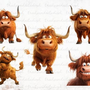 Cute and Quirky Highland Cow Clipart Bundle, Funny Faces of a Highland Cow Printable Set, Hilarious Highland Cow PNG, Scrapbook Graphics