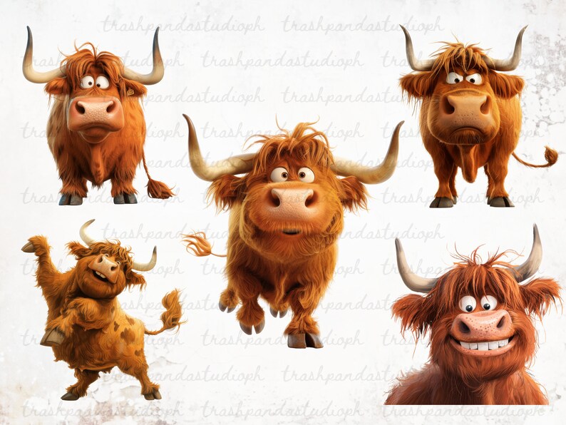 Cute and Quirky Highland Cow Clipart Bundle, Funny Faces of a Highland Cow Printable Set, Hilarious Highland Cow PNG, Scrapbook Graphics