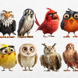 Puede incluir: Una colecci&oacute;n de ocho p&aacute;jaros de dibujos animados, incluyendo un &aacute;guila calva, un halc&oacute;n, un cardenal, un petirrojo, un p&aacute;jaro amarillo, un b&uacute;ho com&uacute;n, un b&uacute;ho cornudo y un cern&iacute;calo vulgar. Los p&aacute;jaros est&aacute;n todos mirando hacia adelante y tienen diferentes expresiones en sus caras.