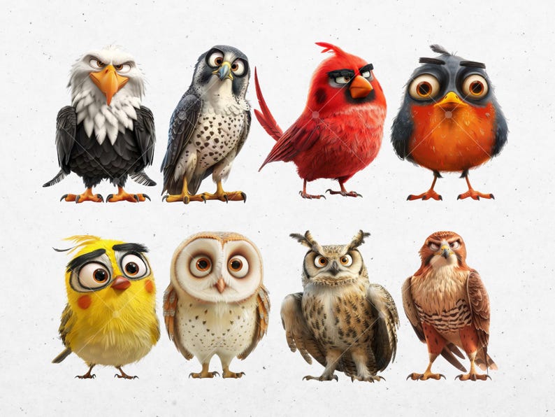 Puede incluir: Una colecci&oacute;n de ocho p&aacute;jaros de dibujos animados, incluyendo un &aacute;guila calva, un halc&oacute;n, un cardenal, un petirrojo, un p&aacute;jaro amarillo, un b&uacute;ho com&uacute;n, un b&uacute;ho cornudo y un cern&iacute;calo vulgar. Los p&aacute;jaros est&aacute;n todos mirando hacia adelante y tienen diferentes expresiones en sus caras.