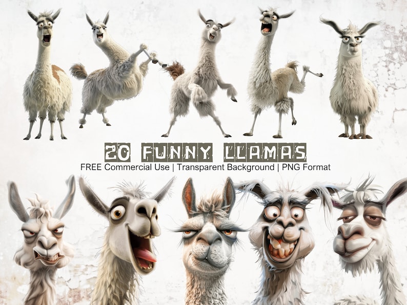 May include: A collection of 20 funny llama illustrations with different expressions. The llamas are white with brown spots and have various facial expressions, including surprised, happy, and silly. The illustrations are on a transparent background.