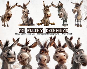 Funny Donkey Faces Clipart Bundle PNG, 300 DPI High Quality Images for Commercial and Personal Use, Hilarious Donkey Cartoon Graphics