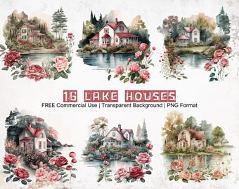 Lake House Clipart Fantasy Countryside Homes Printable Bundle with Transparent Background