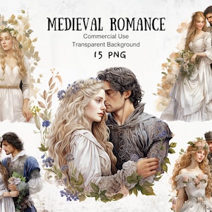Mittelalterliche Romanze Clipart Bundle, Liebe im Mittelalter, Mittelalterlicher König und Königin Kunst für Junk Journal und Scrapbook Projekte, Romantik PNG