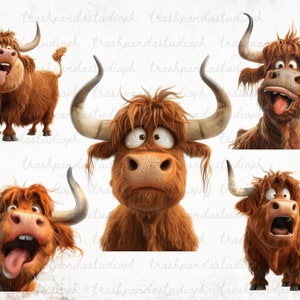 Cute and Quirky Highland Cow Clipart Bundle, Funny Faces of a Highland Cow Printable Set, Hilarious Highland Cow PNG, Scrapbook Graphics