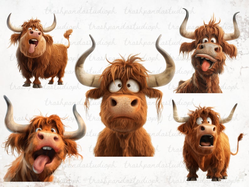 Cute and Quirky Highland Cow Clipart Bundle, Funny Faces of a Highland Cow Printable Set, Hilarious Highland Cow PNG, Scrapbook Graphics