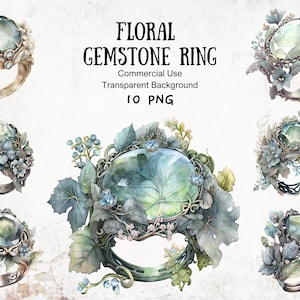 Puede incluir: Diez ilustraciones de acuarela de anillos de piedras preciosas florales. Cada anillo presenta una gran piedra preciosa verde rodeada de delicadas flores y hojas. Los anillos están colocados sobre un fondo blanco.