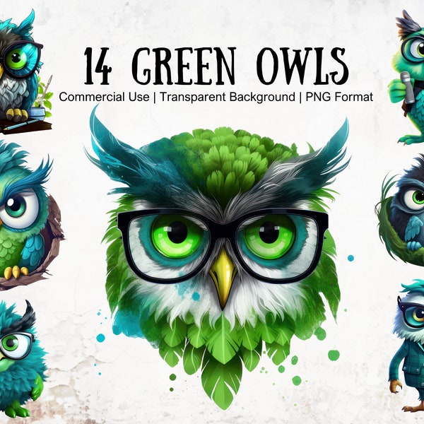 Green Owls for Personal and Commercial Use, Cartoon Owl, Owl Graphics, Transparent Background PNG, Digital Graphics