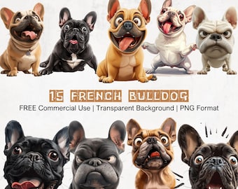 Quirky French Bulldog Clipart. Funny Dog Graphics, Cute Cartoon Frenchie Images, PNG Instant Download